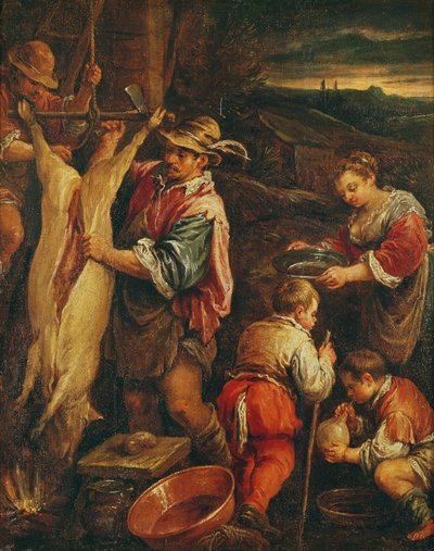 Een boer die een varken vilt door Francesco Bassano